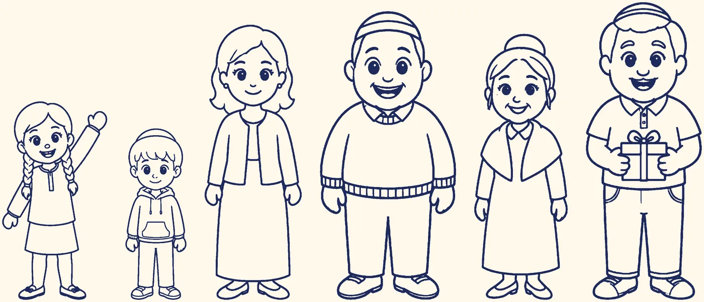The Little Lamp family of characters standing in a row: a girl waving, a boy, a mother, a father, a grandmother and a grandfather holding a gift