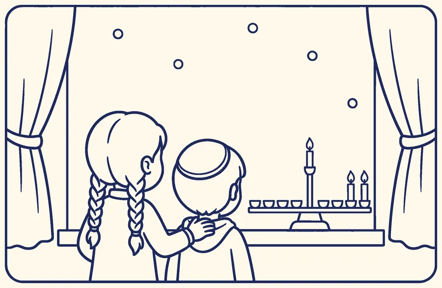 Two children at a window on a snowy evening, looking at a hanukkiah with lit candles